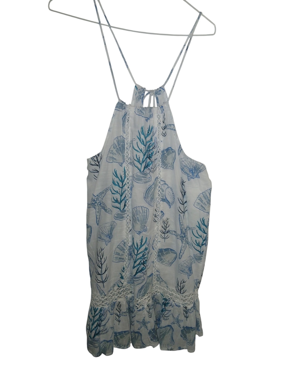 blue island White and Blue Seashell Halter Swim Cover Up Linen  Dress Xs